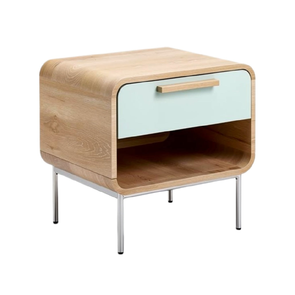 Moderne nachtkast met houten afwerking en metalen poten