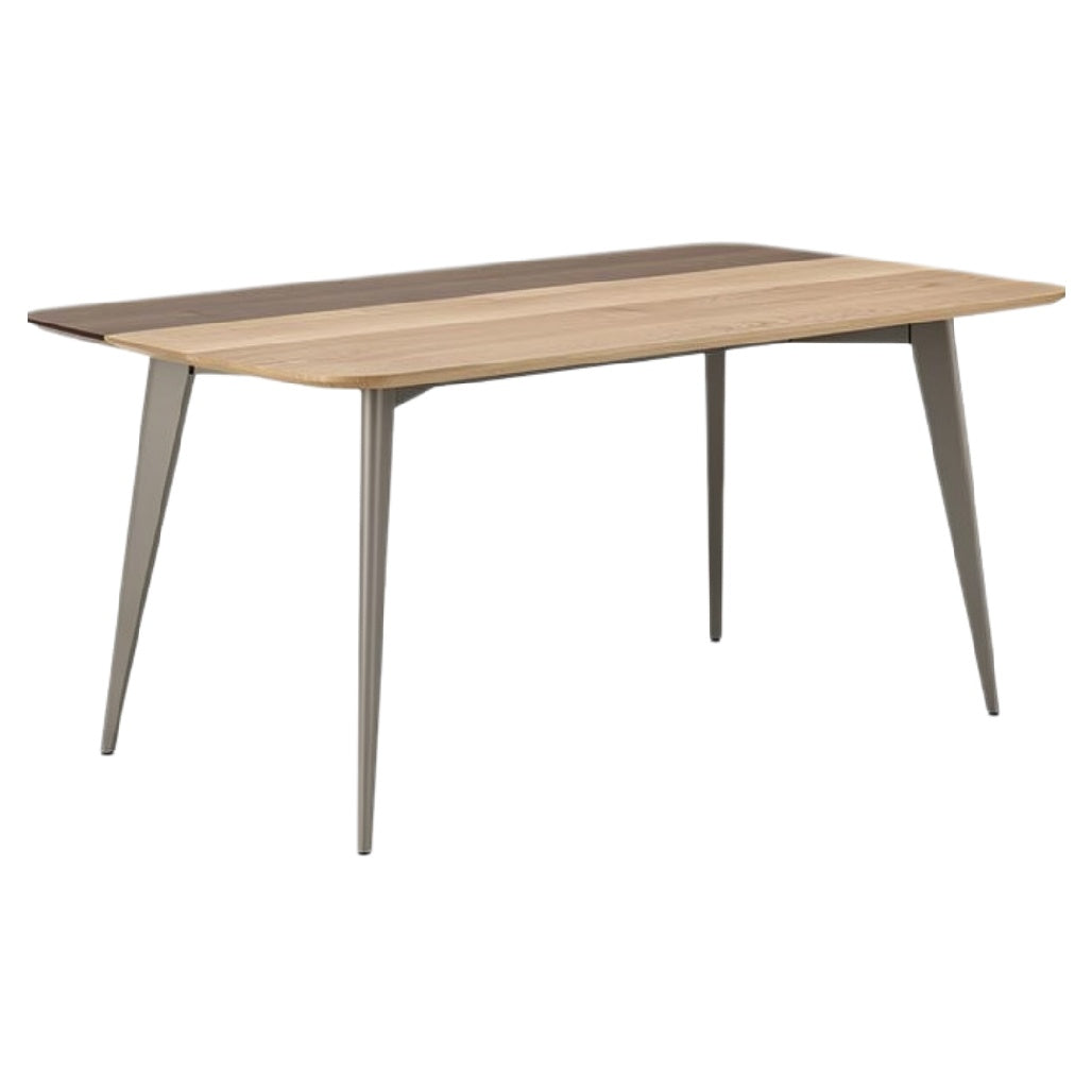 Technische titel: "Moderne houten eettafel met metalen poten en twee kleurenschema's"