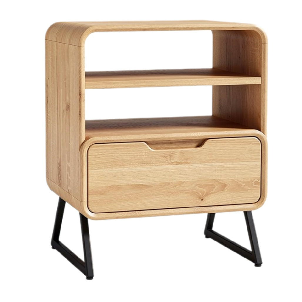 Robuuste houten nachtkast met open planken en lade