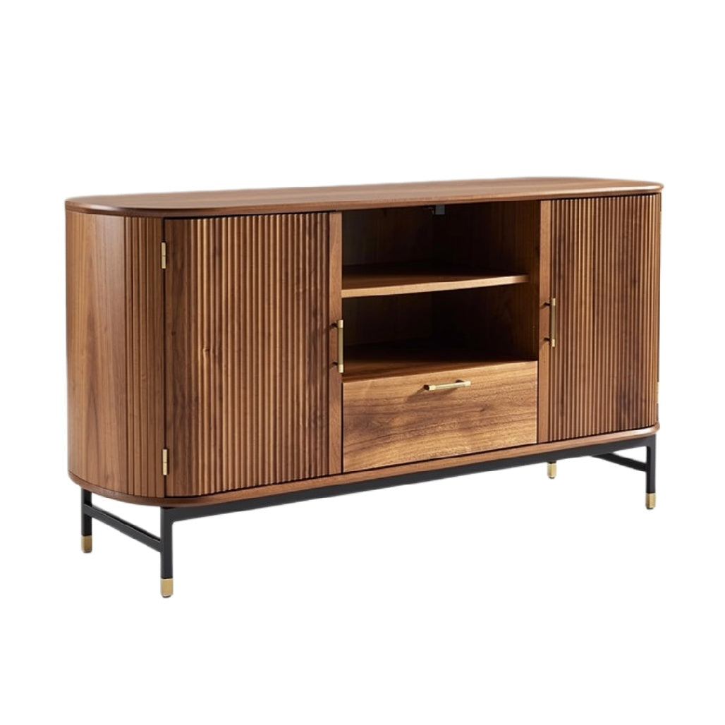 Moderne houten TV-kast met ribbelpatroon en metalen poten