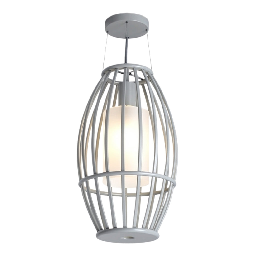 Pendellamp met opengewerkt frame en witte glazen kogel