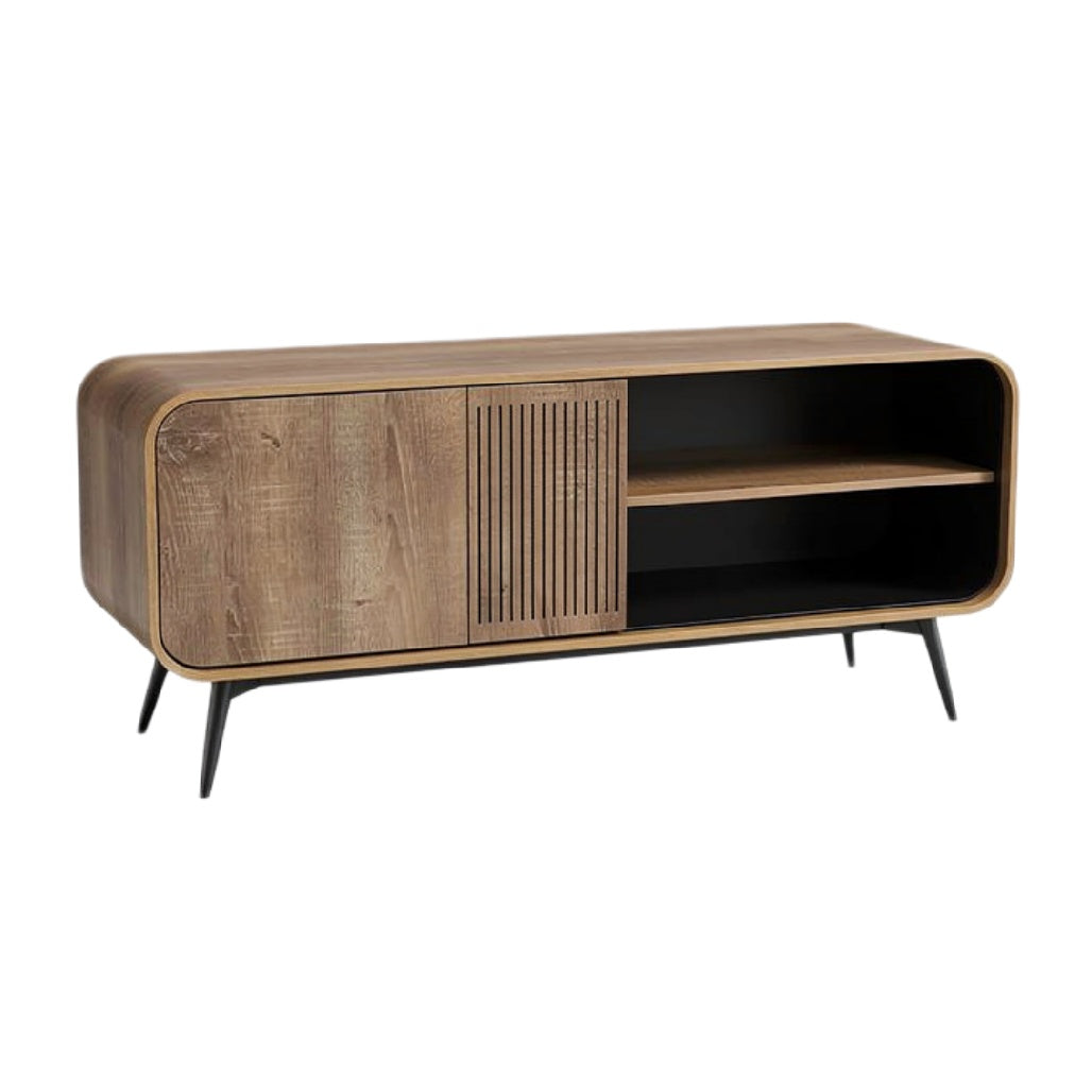 "Moderne Houten TV-kast met Open Planken en Deuren"