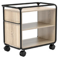 Mobiele houten opslagkar met zwart metalen frame en twee planken