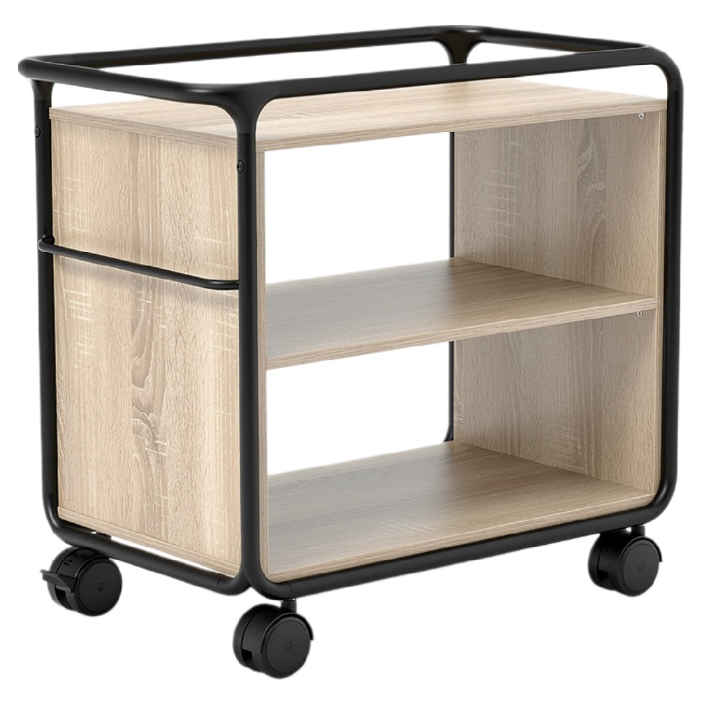 Mobiele houten opslagkar met zwart metalen frame en twee planken