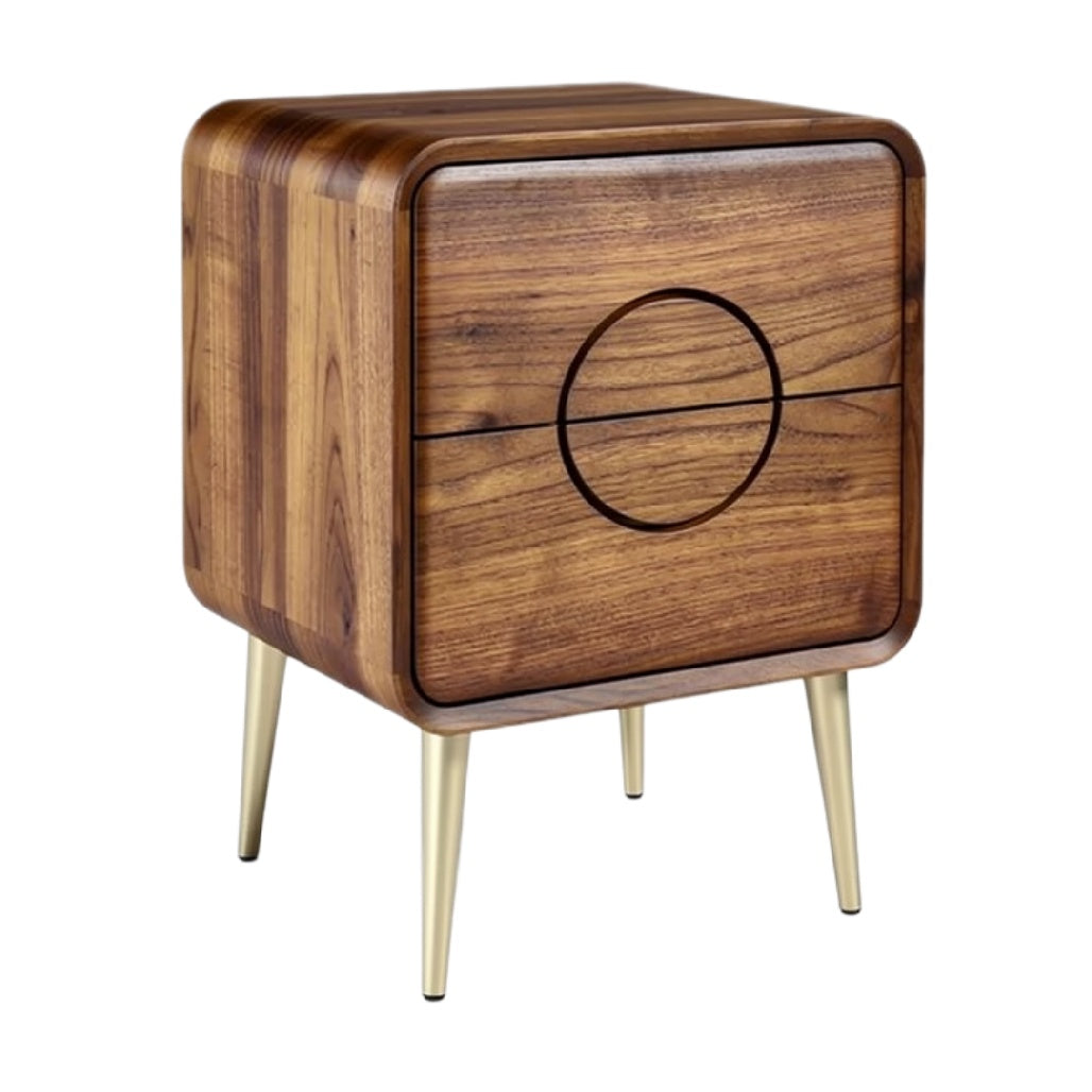 Moderne nachttafel van hout met elegante metalen poten en minimalistisch ontwerp