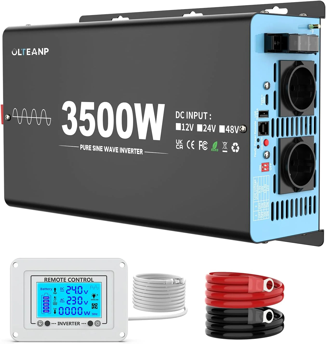 OLTEANP 3500 W/7000 W omvormer, 24 V naar 230 V, Pure Sine Wave Voltage Converter voor auto met 2 AC-stopcontacten, type C en USB-poorten, lcd-scherm met afstandsbediening, voor camper, caravan